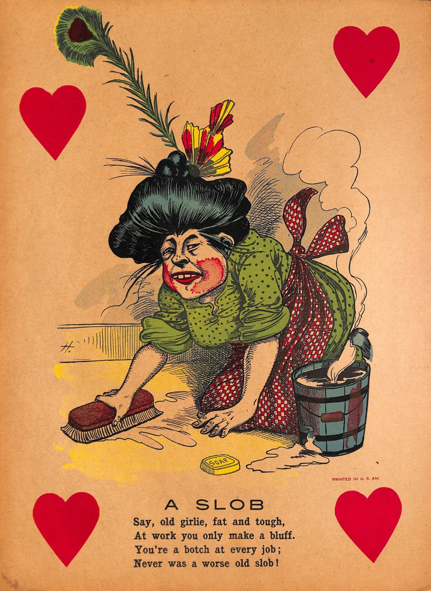 Cards could be sent to liars and cheats and flirts and alcoholics, while some cards mocked specific professions. Their grotesque drawings caricatured common stereotypes and insulted a recipient’s physical attributes, lack of a marriage partner or character traits.