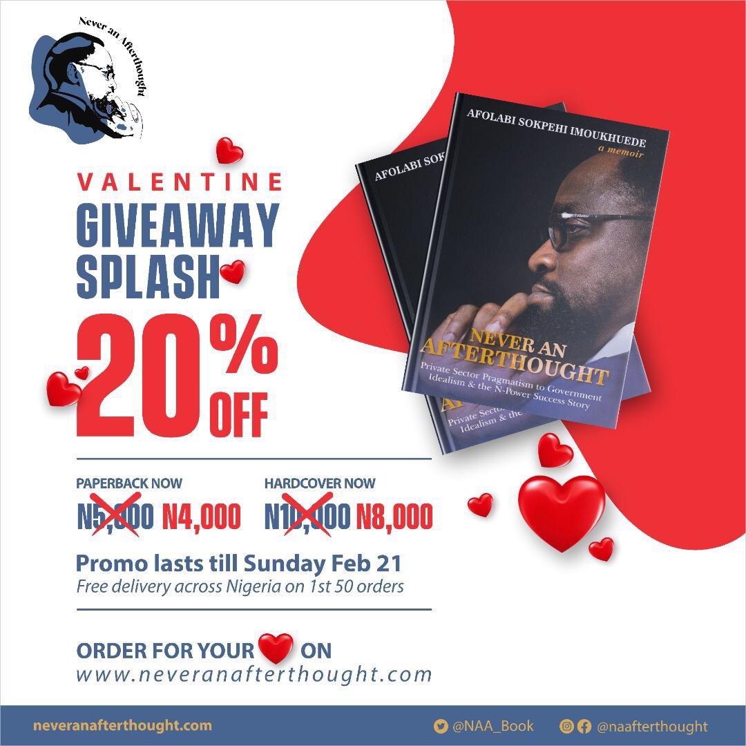 Still not gotten a copy of the NeverAnAfterthought Book? Well In the spirit of showing ❤️, @AsImoukhuede and the entire @NAA_Book Team have decided to run a Valentines Giveaway splash, find details below👇🏽, limited copies left so get your loved one this life changing Book!!❤️❤️❤️