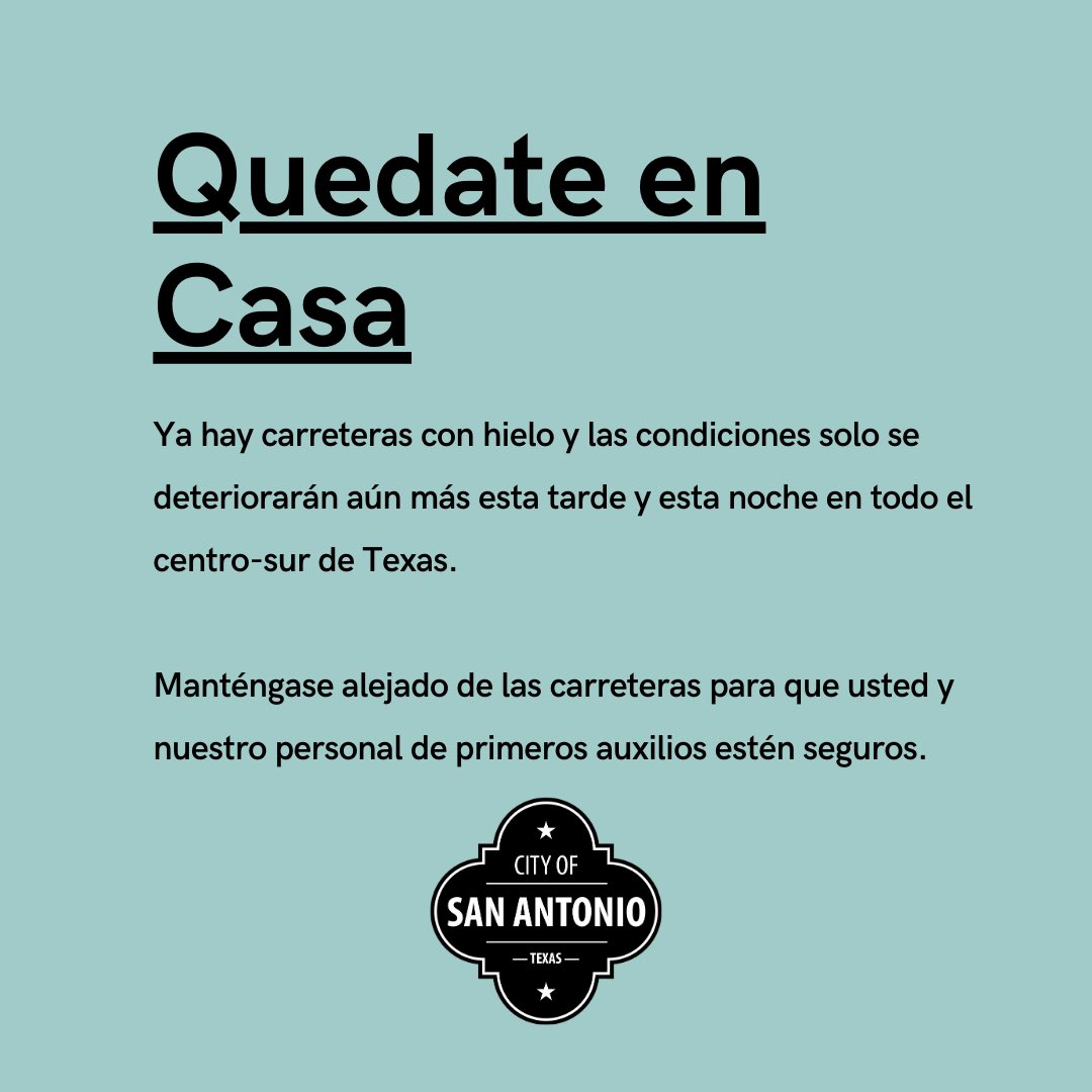 COSAGOV's tweet photo. Stay off the roads to keep you and our first responders safe. 

Manténgase alejado de las carreteras para que usted y nuestro personal de primeros auxilios estén seguros. #TexasFreeze https://t.co/ANteqOyvxG