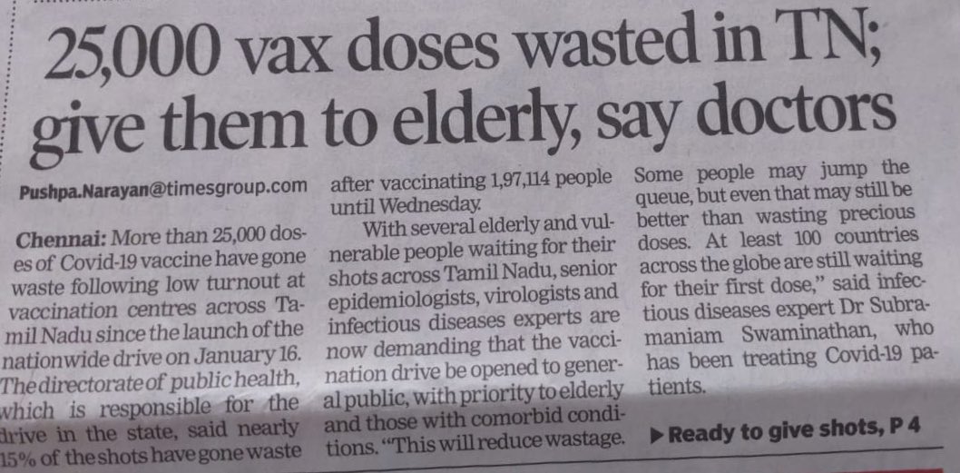 A vaccine once opened has a shelf life; 25000 dozes has been wasted in TN due to the reduced number of people coming forward to get vaccinated.