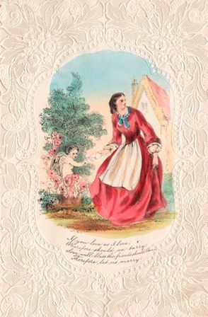 According to legend, an English Valentine received in 1847 by a woman in Massachusetts inspired the beginnings of the American Valentine industry.