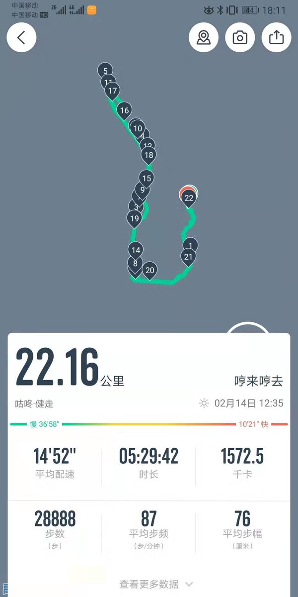 Today's exercise: 22 km,  5-hours on foot
