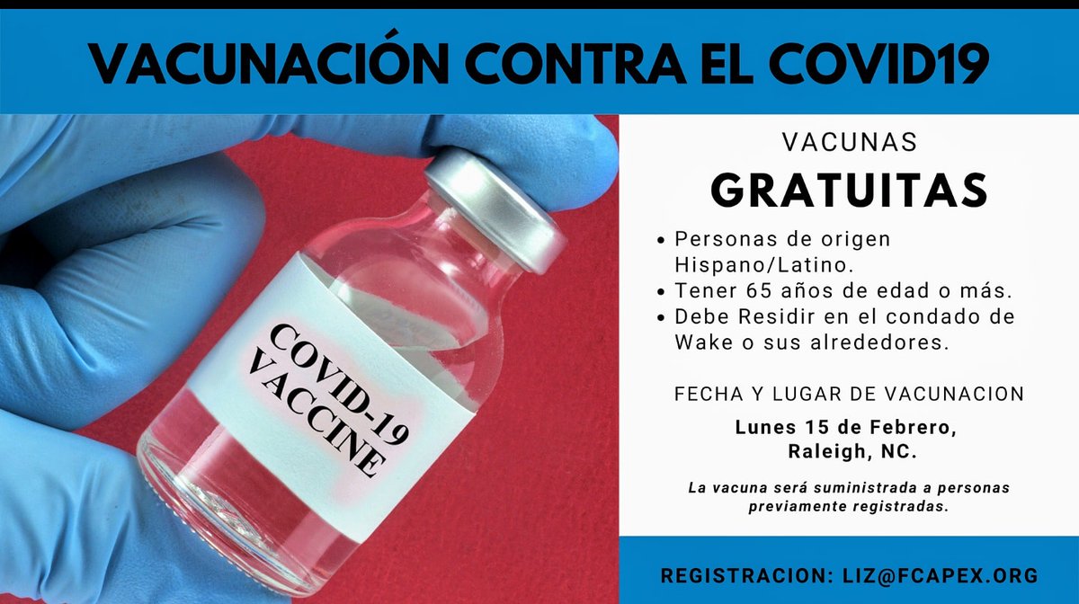 MariaCervaniaNC (@cervanianc) on Twitter photo Mañana:15 de feb. <a href="/ElCentroHispano/">El Centro Hispano</a> llevará a cabo un evento de vacunación con el Departamento de Salud de <a href="/WakeGOV/">Wake County Government</a> y FiestaCristiana para #latinos de 65+ años. El evento es solo por cita. REGISTRACION:
docs.google.com/forms/d/e/1FAI…
?Preguntas? Texto al (919) 917 8070 ó Liz@fcapex.org Mañana:15 de feb. <a href="/ElCentroHispano/">El Centro Hispano</a> llevará a cabo un evento de vacunación con el Departamento de Salud de <a href="/WakeGOV/">Wake County Government</a> y FiestaCristiana para #latinos de 65+ años. El evento es solo por cita. REGISTRACION:
docs.google.com/forms/d/e/1FAI…
?Preguntas? Texto al (919) 917 8070 ó Liz@fcapex.org
