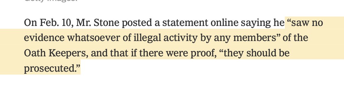 7/ Here's Roger Stone's latest statement, as quoted by the  @nytimes.Important to remember. Stone also claimed that he never left his hotel room on the 6th. Then video emerged showing that he had...See below tweet https://twitter.com/jsrailton/status/1358802144313376771