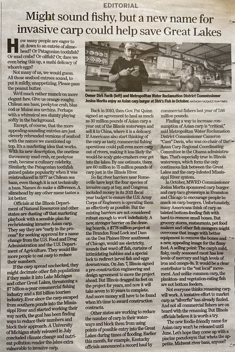 thomasfrisbie's tweet image. Would you rather dine on orange roughy or slimefish? Why renaming invasive carp could help the Great Lakes. chicago.suntimes.com/2021/2/12/2227…
