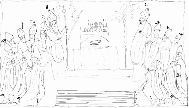 Completion drawing of the patriarchs’ scene in the church of Our Lady of Qannubine. Each patriarch has an identifying Syriac number-letter corresponding to his name in the inscription: