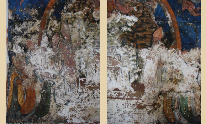 Completion drawing of the patriarchs’ scene in the church of Our Lady of Qannubine. Each patriarch has an identifying Syriac number-letter corresponding to his name in the inscription: