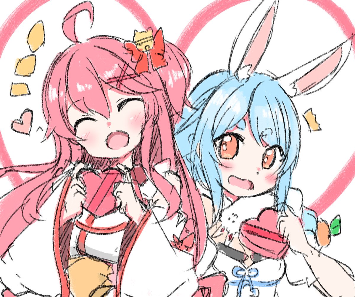 さくらみこ ,兎田ぺこら 「ぺこみこバレンタイン
#miko_Art 
#ぺこらーと 」|たまき七式(ななしき)のイラスト