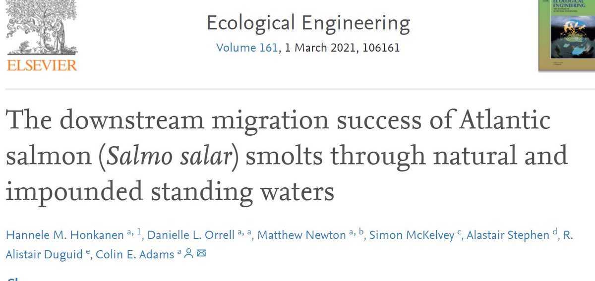 New paper from @DaniOrrell and @hanhonkanen show that Atlantic salmon smolt migration in standing waters created by impoundment can be as slow as through natural lakes @Mnewton87 @sceneUofG sciencedirect.com/science/articl…