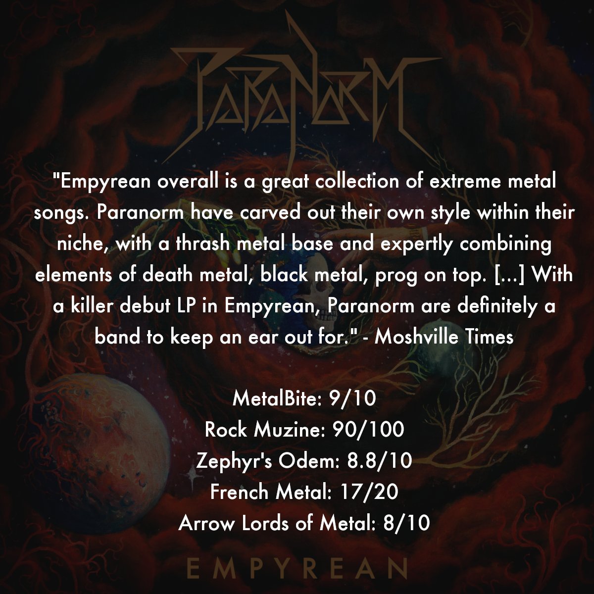 A couple of reviews published recently. Tomorrow something big drops - eyes peeled, ears open! 🔥 #paranorm #empyrean #redefiningdarknessrecords #thrash #metal #thrashmetal #deathmetal #progressivethrashmetal #swedishthrashmetal #blackenedthrashmetal #metallica #megadeth