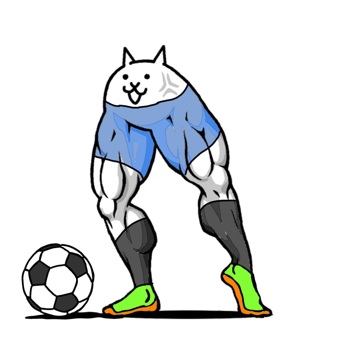 碇ユイツイッター ネコキッカー ムキあしネコの第４形態 公園でサッカーをしている 子供たちに無理やり割り込んでくる 最低な大人にゃんこ 浮いてる敵にめっぽう強く 必ずふっとばす にゃんこ大戦争 イラスト