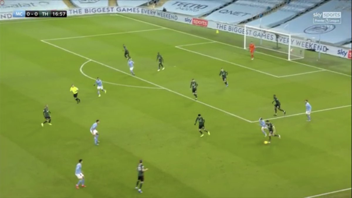 This tweak allowed the back 4 to quickly get back into position time and again.On this occasion Bernardo loses possession and Spurs counter quickly. Davies finds Moura in behind the City midfield. Despite skipping away from Cancelo the back 4 is set to deal with the danger 7/