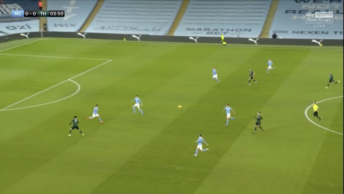 Despite playing a high line City didn’t step out to catch Spurs offside. Instead when the danger came City kept tight with runners in order to stop any through balls. Here Lamela breaks into the City half. Cancelo tracks Son’s run, dropping deep and making the interception 9/