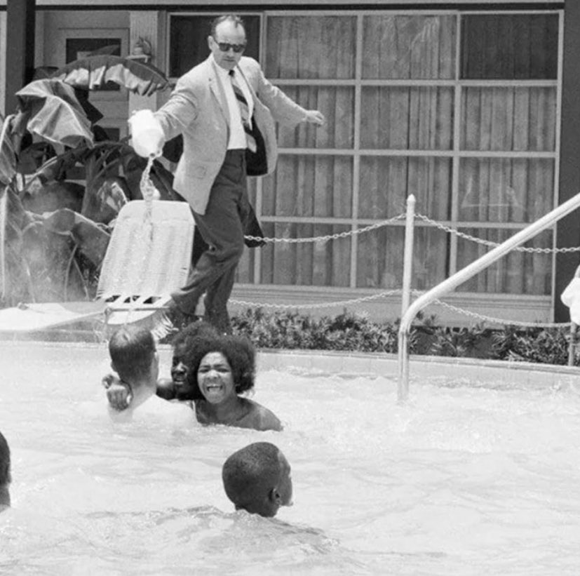 This is an image of some black people jumping into a “whites only” pool at a motel in Florida in 1964. The hotel owner poured acid into the water to force them out. The civil rights movement was littered with such horrific incidents, and most white Americans vocally opposed it.