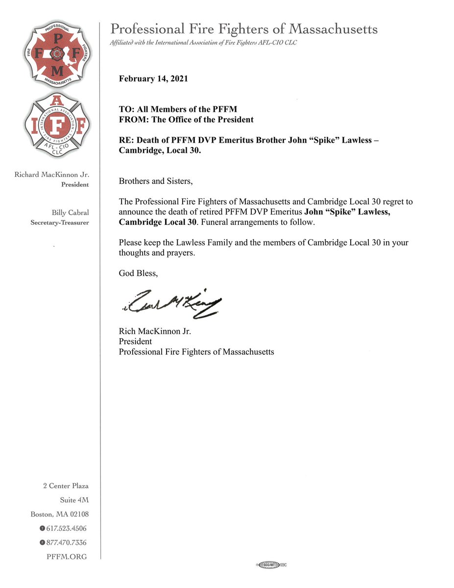 Please keep the Lawless Family and the members of <a href="/CFD_Local30/">Cambridge Firefighters IAFF/PFFM Local 30</a> in your thoughts and prayers. 

<a href="/IAFFdist3VP/">IAFF District 3 VP Jay Colbert</a>