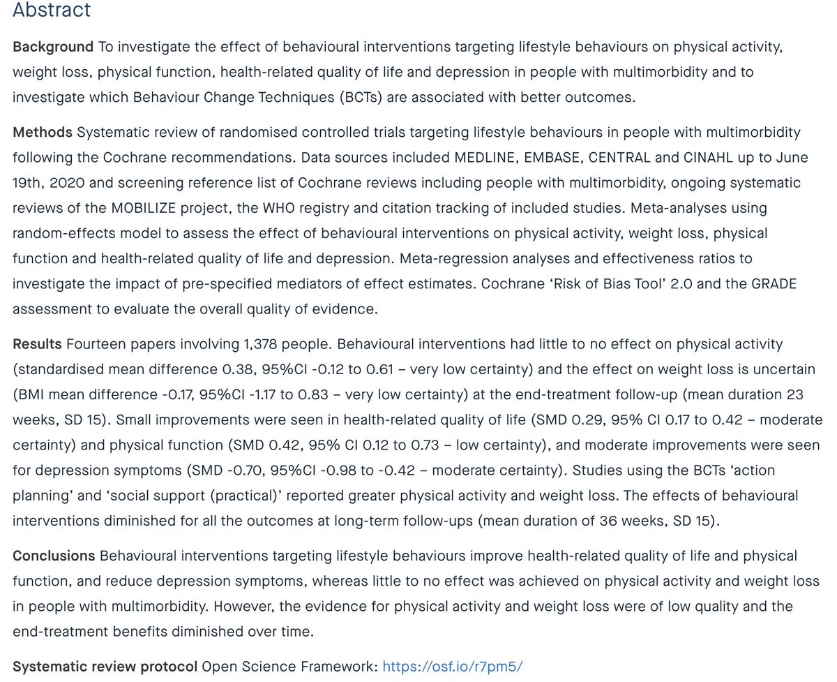 📢 NEW STUDY (preprint) 📢

How can you help people with #multimorbidity to improve #PhysicalActivity?

🟢 Offer them practical social support

🟢 Help them to plan what physical activity to do, when and how

researchsquare.com/article/rs-207…
