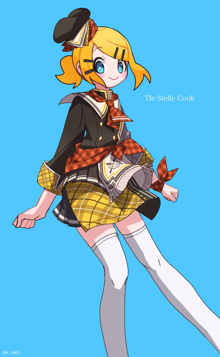 kagamine rin 1girl solo thighhighs blonde hair hairclip hat blue background  illustration images