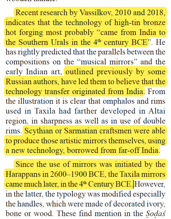 The technology of high-tin bronze hot forging was transferred from India (where it was used for making mirrors) to the Southern Urals in the 4-5th century BCE.The Scythian, Sarmatian craftsmen used it to make their own mirrors.Pic 2 - Indian MirrorPic 3 - Scythian Mirror