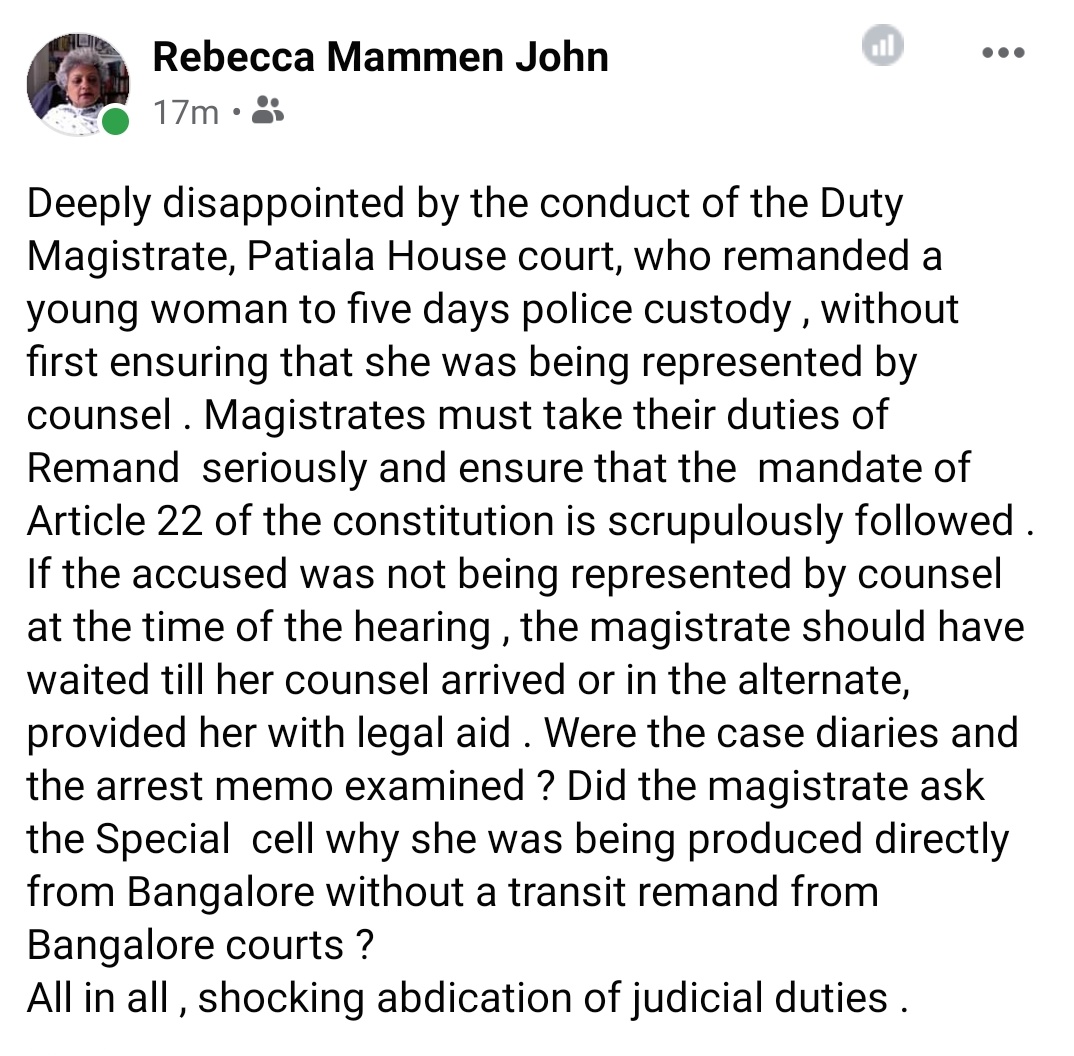 manuvichar's tweet photo. "Shocking abdication of judicial duties"- Senior Adv Rebecca Mammen John comments on #DishaRavi remand. https://t.co/F22OieHaA4