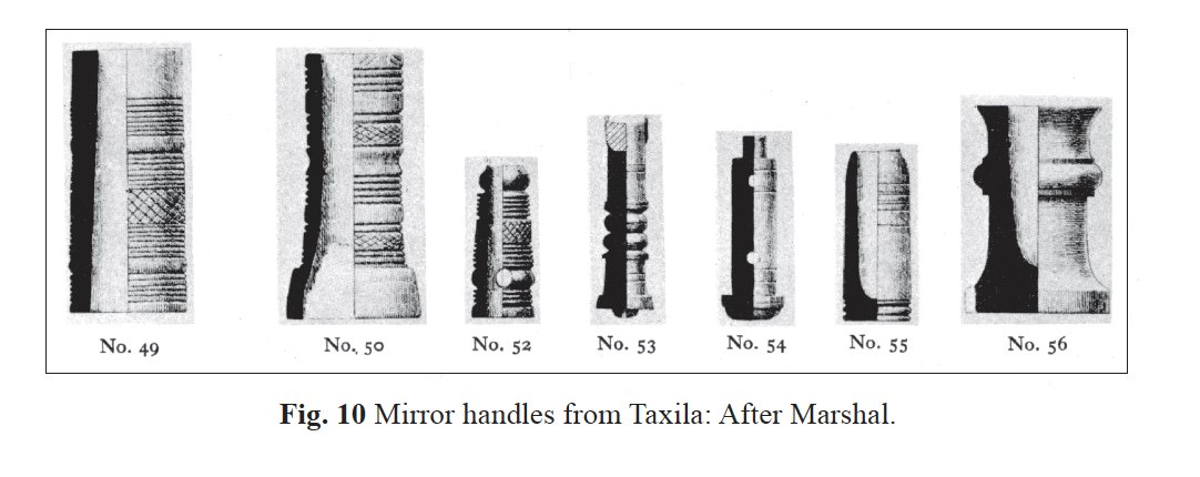 Ancient Indians used these mirrors with ivory and bone handles. This technology was later spread across the Mauryan realm and post-Mauryan horizon. The color of the mirrors was pistachio green.