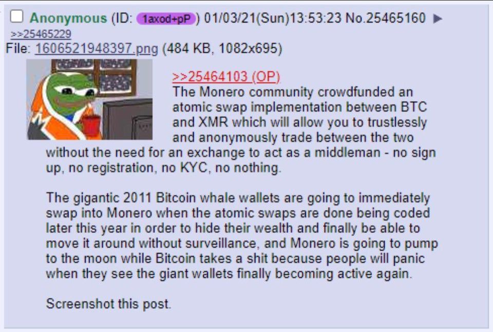 Now you know why I was so bullish for #Monero last year. The upcoming $XMR - $BTC atomic swaps are going to be a gamechanger. Will be interesting to see how much BTC "disappears" from the #Bitcoin network when it goes live. 🤔