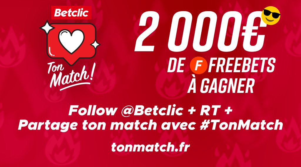 Betclic's tweet photo. 💘 Alors t'as trouvé #TonMatch ? En tout cas, on va encore vous régaler pour cette #SaintValentin !
🤑 20 x 100€ de Freebets à gagner !
Pour participer 👉 Follow @Betclic + RT + Partage ton match avec le #TonMatch ! https://t.co/CdUWSsacNf