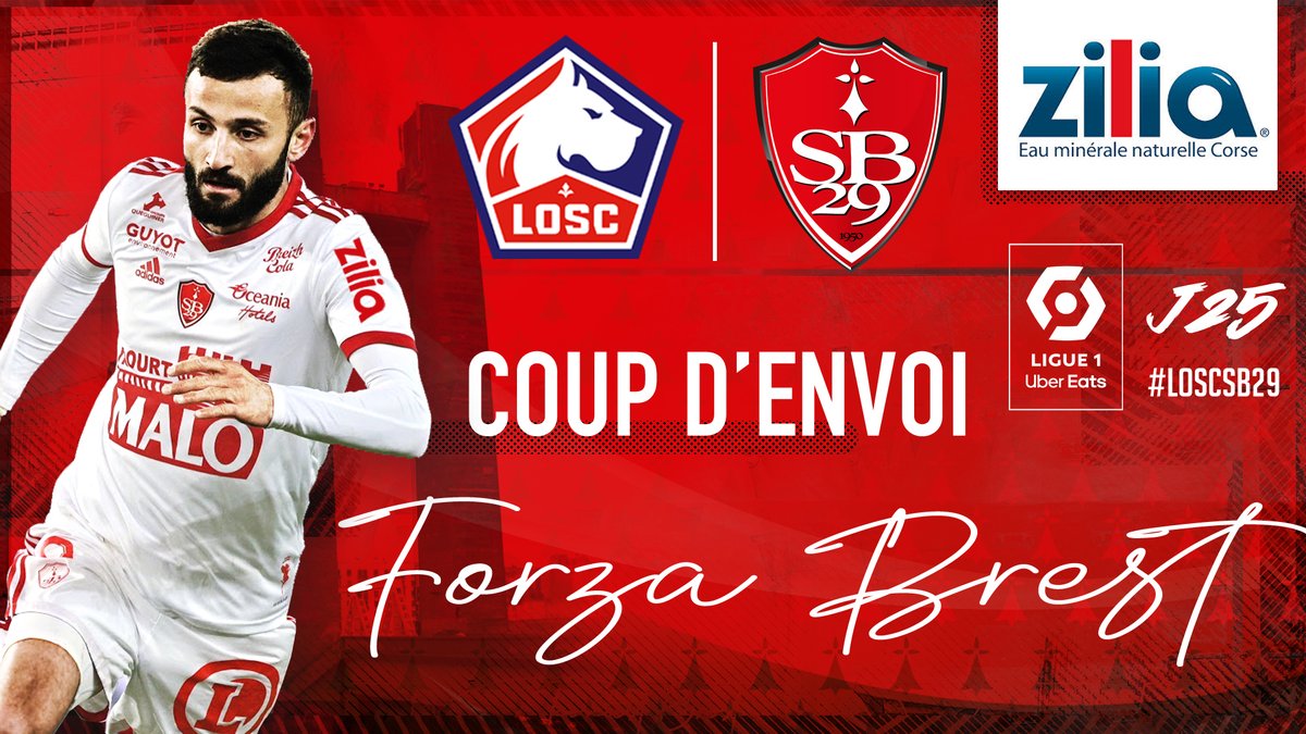SB29's tweet photo. ⚡ COUP D'ENVOI ⚡
C'est parti au stade Pierre Mauroy pour le match entre le LOSC et le Stade Brestois pour le compte de la 25e journée de @Ligue1UberEats ! 
#LOSCSB29🔴⚪⚔  #ForzaBrest https://t.co/coDzBfqqmI