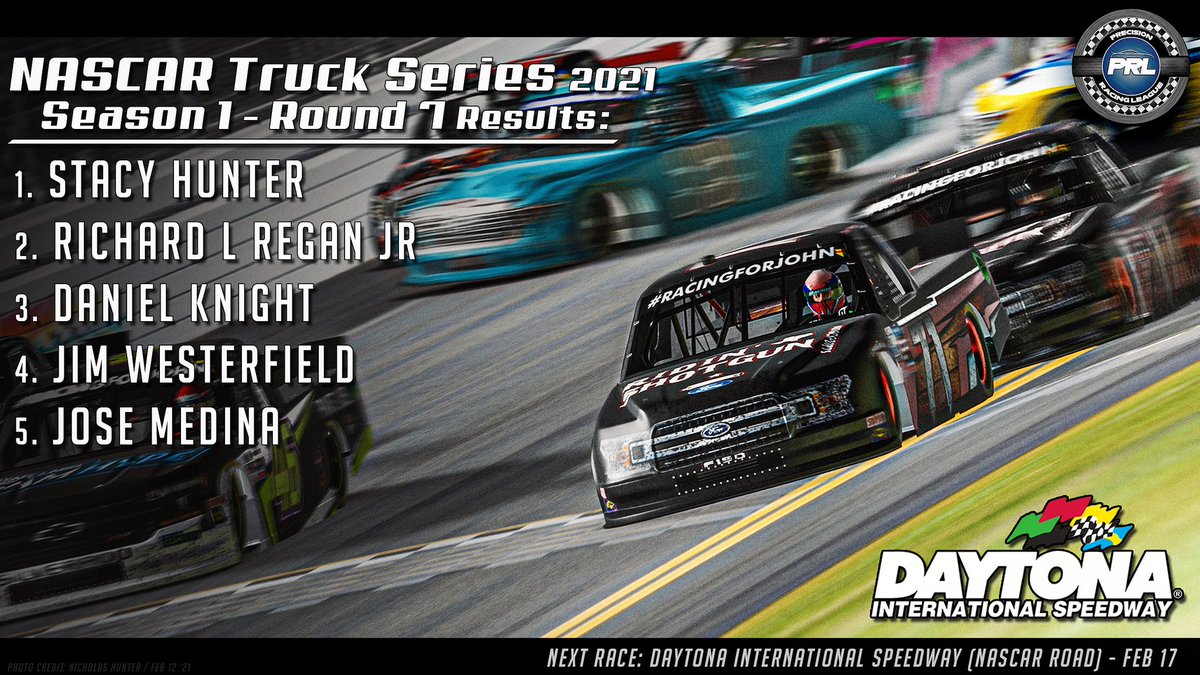 PrecisionRL's tweet photo. Stacy Hunter takes their maiden victory in our Nascar Trucks Series Round 7 race at Daytona!  Big congrats to Stacy and the entire Riding Shotgun crew! https://t.co/usaFTPQ6m3