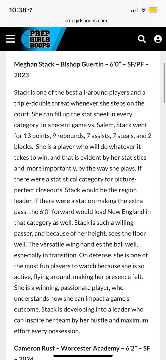 There’s a lot of talented young ladies on this team and <a href="/meghan_stack/">Meghan Stack</a> is definitely one of them. She is one of New England’s top 2023s.  High academics in the classroom and elite level on the court. Thank you <a href="/BashHoopsNE/">Bash Hudson</a> <a href="/PGHNewEngland/">Prep Girls Hoops New England</a> for the write up. <a href="/BGGVB_/">BG Girls Basketball</a> <a href="/MCWSTARZ/">MCW STARZ</a>