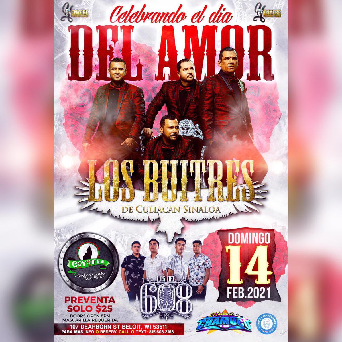 alex_losbuitres's tweet photo. HOY HOY‼️ Domingo 1️⃣4️⃣ de Febrero llegan #LosBuitres a #Beloitwisconsin📍🇺🇸 En vivo desde #CoyotesNightClub
Para bailar y cantar todos sus éxitos!! !Jalense a escuchar nuestros corridones! 🔥🦅🍺🤠
¡Ánimo! y #ZeroMiedo @LosBuitresOfic https://t.co/8CTgwyZWO7