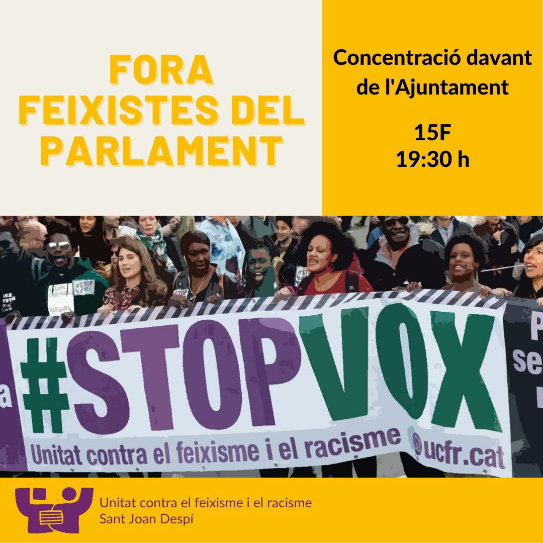 L’entrada de VOX al Parlament és una terrible notícia per a la democràcia i els Drets Humans.

Cal més lluita unitària que mai. 
Protestem arreu del país!

🗓15F 
⏰19:30 
📍davant l’ajuntament

#ForaVOX #NoPassaran #StopVOX