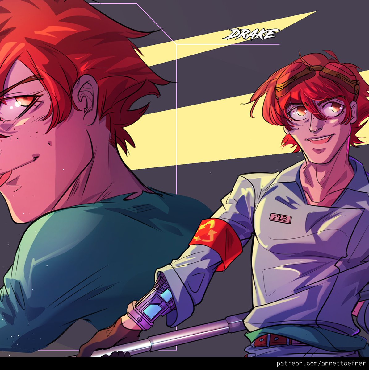annett55923987's tweet photo. Drake smiling boldly into the camera is a state.😁😂🙏 I did a new #character sheet this week cause it was about time! Swipe pics for art progress 😃😅🤣🎨❤️ #rustcity #webcomic #originalcharacter #originalart #comics #comicart #scifiart #neon #cyberpunk https://t.co/6FJo4yb2vn