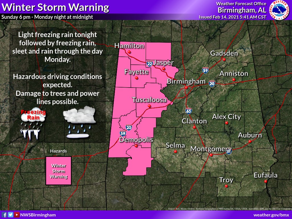 UA_Safety's tweet photo. βοΈWeather Update: The @NWSBirmingham has issued a Winter Storm Warning that includes Tuscaloosa from 6pm tonight 2/14 until midnight Monday 2/15. Download the #UASafety app: https://t.co/J2avZaMfU7 to receive alerts and stay weather aware. #UAwx #alwx https://t.co/B1c18AXzxH