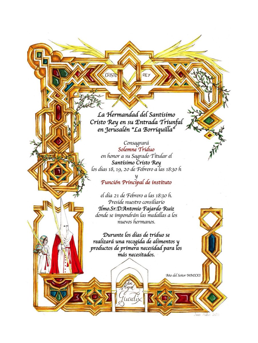 🔴⚪CULTOS CUARESMALES⚪🔴
18, 19 y 20 de Febrero a las 18:30h.
Domingo, función principal de instituto a las 18:30h. 
📍Parroquia de San Miguel Arcángel.
#BorriquillaGuadix
#CristoReyGuadix