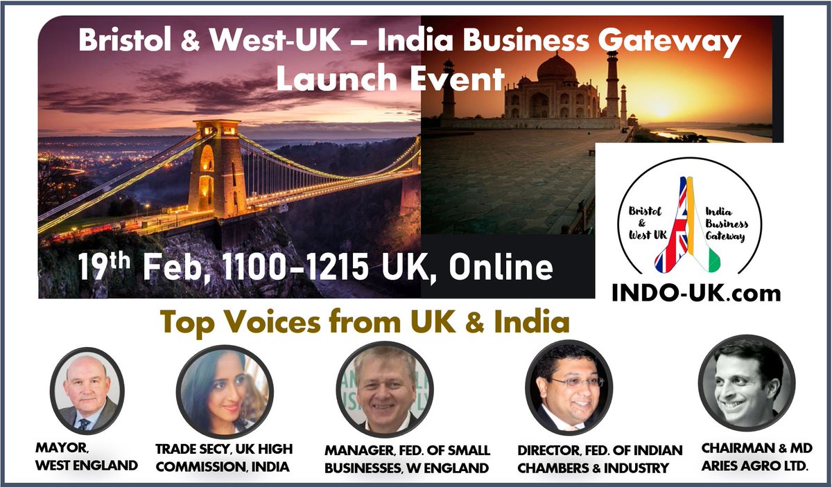 The Bristol &amp; West UK-India Business Gateway promotes networking, collaboration, investment opportunities &amp; markets/supply chains in both countries including a focus on SMEs in post-Brexit UK. 
19/Feb, online, free, 11-1215UK (430-545pm IST).
Register on bit.ly/ibg-launch