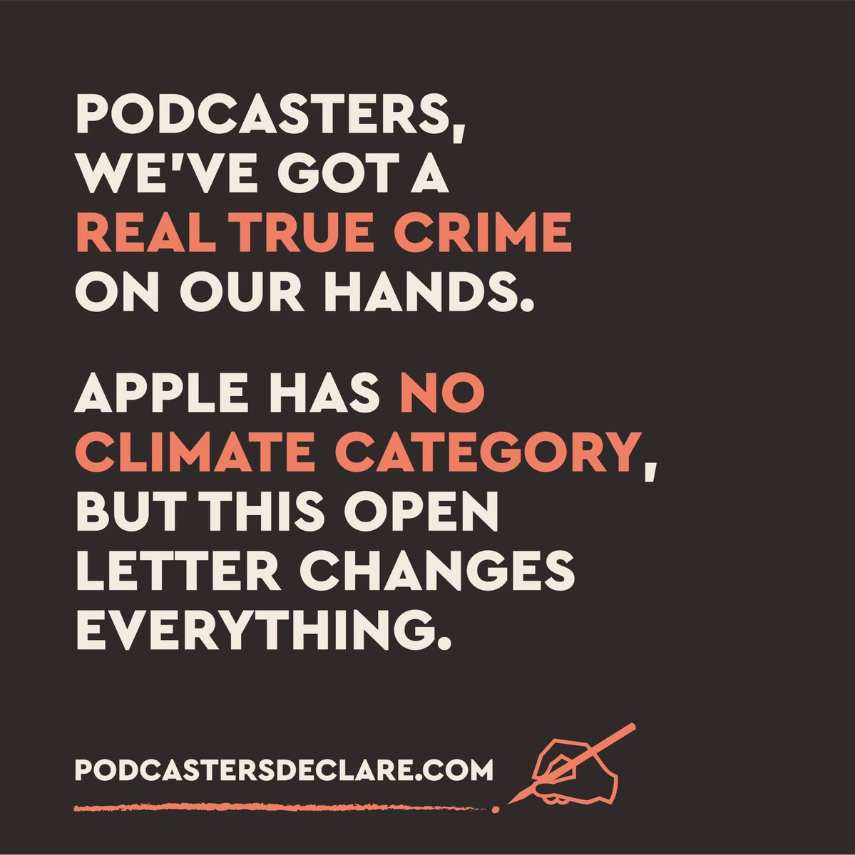 PodcastsDeclare's tweet image. Today we officially launch our open letter to Apple Podcasts, urging them to add a climate category.
‍
Let's make climate-related shows easier to find, access and share. 

podcastersdeclare.com

#podcastersdeclare #climatechange #podcasts