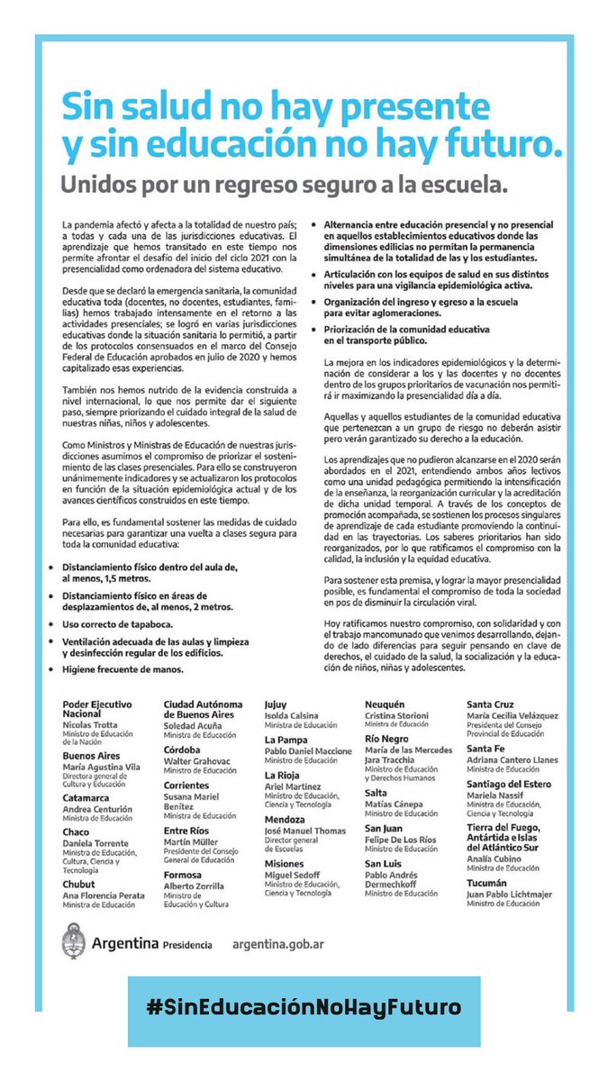 Este año tenemos enormes desafíos, uno de los más importantes es que los chicos vuelvan a las aulas.
El compromiso de la comunidad educativa y de las 24 ministros del país, es que iniciemos una presencialidad segura y cuidada en toda la Argentina.

#SinEducaciónNoHayFuturo