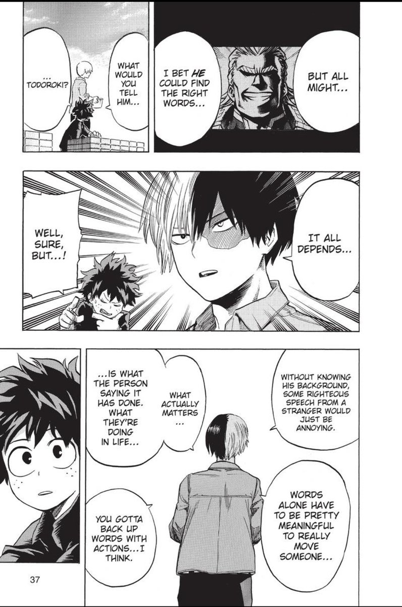 In just this, what Shoto told Deku back during the Forest Training arc rings SO damn loud.Words backed without action are virtually meaningless if you want to change someone. Enji's attempt to dissuade Touya displayed this, because he failed to lead by example.