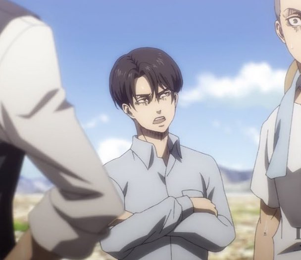 Levi wearing Erwin's shirt.