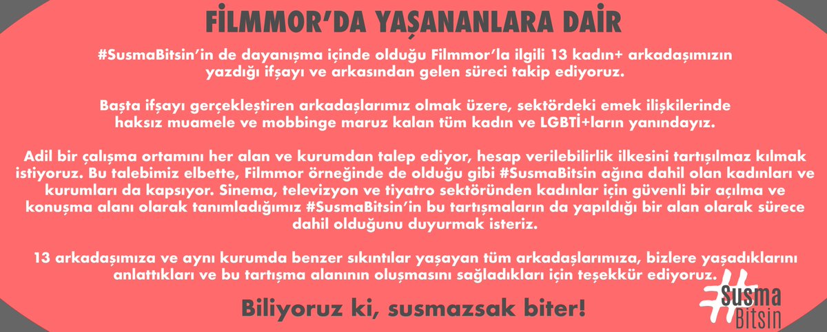 Filmmor’la ilgili 13 kadın+ arkadaşımızın yazdığı ifşayı ve arkasından gelen süreci takip ediyoruz. 

Başta ifşayı gerçekleştiren arkadaşlarımız olmak üzere, sektördeki emek ilişkilerinde haksız muamele ve mobbinge maruz kalan tüm kadın ve LGBTİ+ların yanındayız. #SusmaBitsin