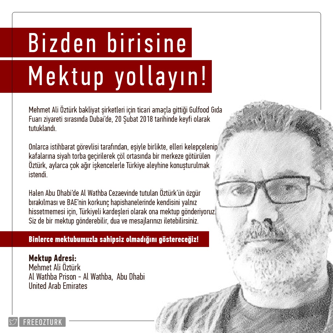 Mehmet Ali Öztürk, özgür bırakılsın, onun yolunu ağlayarak bekleyen çocuklarına, ailesine kavuşsun diye mektuplar yolluyoruz. Bir mektup da siz postalayabilirsiniz. #MektupYaz #MehmetAliÖztürk #FreeOzturk