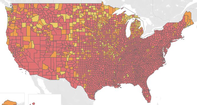 Hold2LLC's tweet photo. Iโd like to illustrate the absurdity of the new CDC guidelines.
Here is how the country looks based on the new color-codes zones (map and bar chart).
66.4% already offer in-person (40.8 5d/wk, 25.6% hybrid), yet CDC tells us only 9% should be open at all WITH all 5 mitigations. https://t.co/p84X3PuQuc