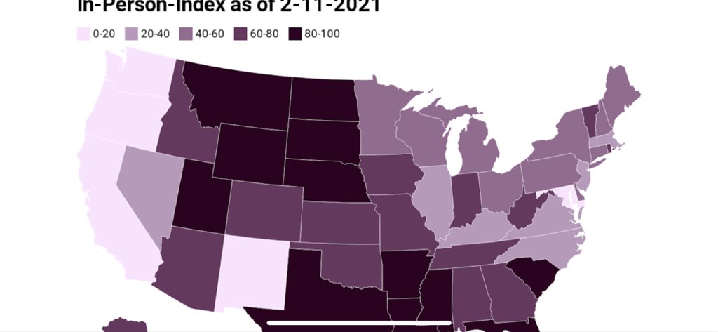 Hold2LLC's tweet photo. Iโd like to illustrate the absurdity of the new CDC guidelines.
Here is how the country looks based on the new color-codes zones (map and bar chart).
66.4% already offer in-person (40.8 5d/wk, 25.6% hybrid), yet CDC tells us only 9% should be open at all WITH all 5 mitigations. https://t.co/p84X3PuQuc