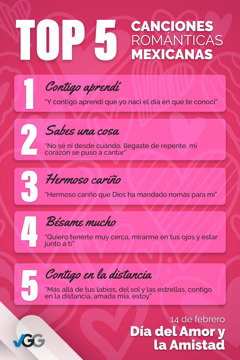 VGG_MX's tweet photo. Amigas y amigos, les comparto este top 5 de canciones mexicanas románticas. ¡Disfrútenlas en este #14DeFebrero! #FelizSanValentín 💕 https://t.co/vx0XIAnA0F
