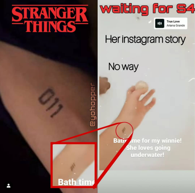 GoatKlaw's tweet photo. @ben60327837 @StrangerNews11 Have you seen this yet? It's confirmed that it was Millie behind the Umbrella!! This was in her Instagram story of her playing with her dog in the bath! https://t.co/3N67JTcnXL