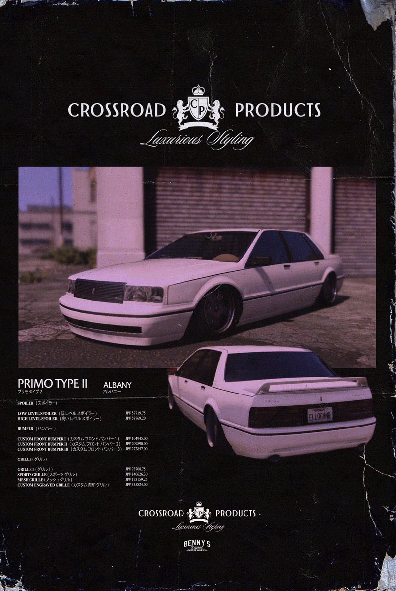 JACKBX91's tweet photo. Crossroad Products “ Luxurious Styling “ Albany Primo I catalogue edit

#GTAonline  #stance #gtacars #snapmatic #cars #gta5  #photoshoot #photography  #bippu #90s #90sjdm #retrojdm #bippulife #bippustyle #loweredlifestyle #lowered https://t.co/5sGd8wY6FQ