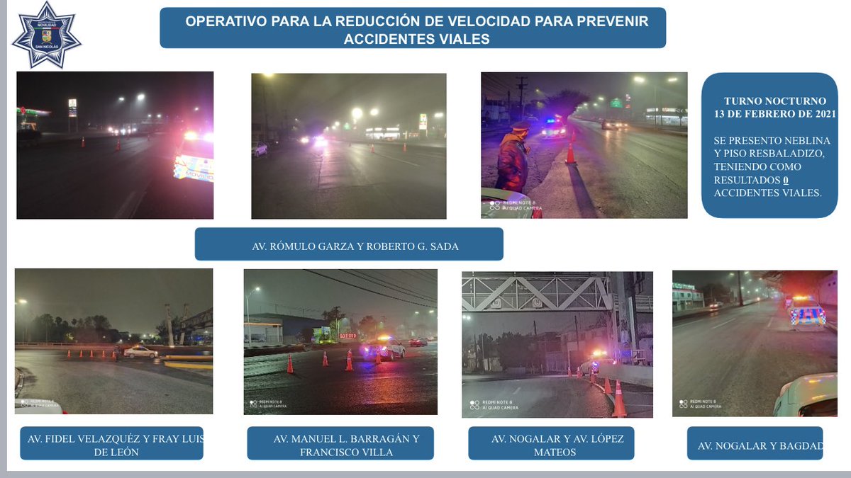 #InformeSN 
Operativo Frente Frió 35
Como medida preventiva se implementaron la noche del sábado y madrugada de Hoy Domingo, Operativos para reducir Hechos de Tránsito en diferentes puntos de la ciudad. Continuarán dichos operaciones hasta mejorar las condiciones viales 🚔🏍🚨