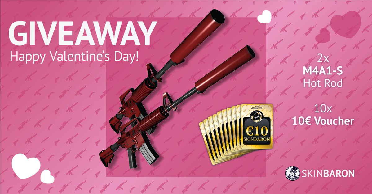 Happy valentines day! 💕

What you need to do:⁠
1. Follow us! <a href="/SkinBaronEN/">SkinBaron.com</a> ⁠
2. Like!
3. Retweet!

Visit us on Instagram to increase your winning chance. Competition ends on 22/02
Terms&amp;Conditions: skinbaron.de/promotiontos
