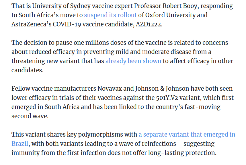 3/n On apprend, dans le même temps, que des erreurs stratégiques graves ont été commises et que l'émergence de variants affecte l'efficacité de plusieurs vaccins qui ciblent, comme al majorité des vaccins, les pr du Spike.  https://www1.racgp.org.au/newsgp/clinical/vaccine-s-reduced-efficacy-against-covid-variant-w