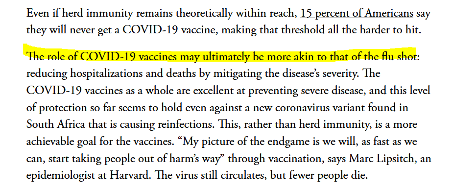 4/n Le hype  https://medcritic.fr/category/hype/  initial se dégonfle et on commence i à envisager que l'efficacité des vaccins les plus performants pourrait ne pas dépasser celle des médiocres vaccins contre la grippe.  https://www.theatlantic.com/health/archive/2021/02/herd-immunity-might-be-impossible-even-vaccines/617973/